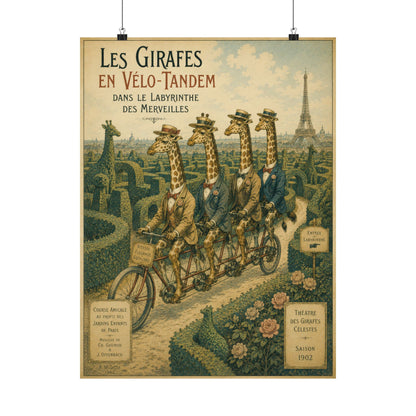 Poster, Art Print - Giraffes on Tandem Bicycles in a Maze