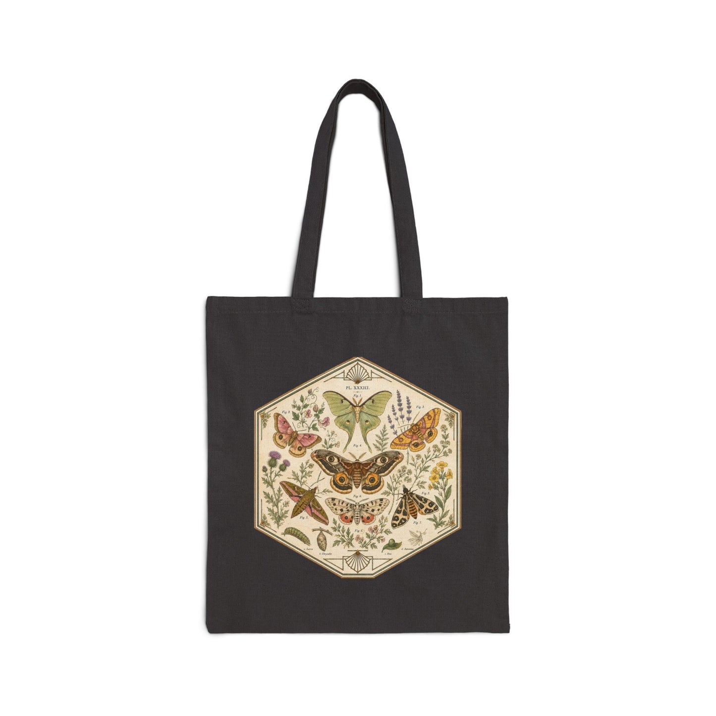 Vintage Hexagon Moths & Floral Canvas Tote Bag