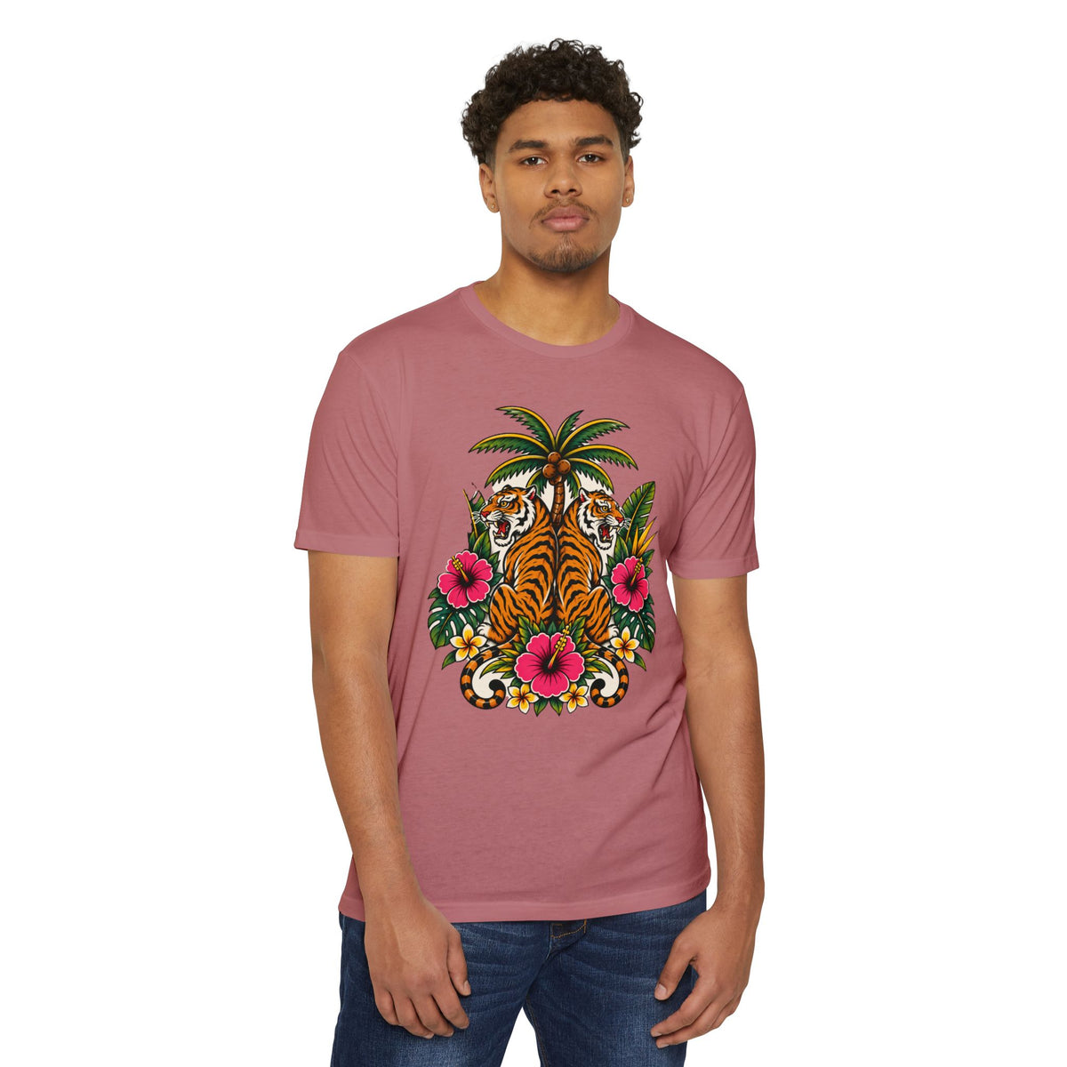 T-Shirt, Short Sleeve Boxy Crew Neck - Tiger Tiger Tropics Vintage Floral Palm