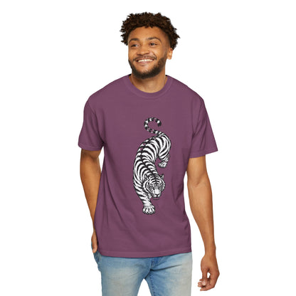 T-Shirt, Short Sleeve Boxy Crew Neck - Black & White Tiger