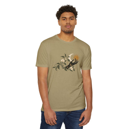T-Shirt, Short Sleeve Boxy Crew Neck - Botanical Hand Reaching for the Sun