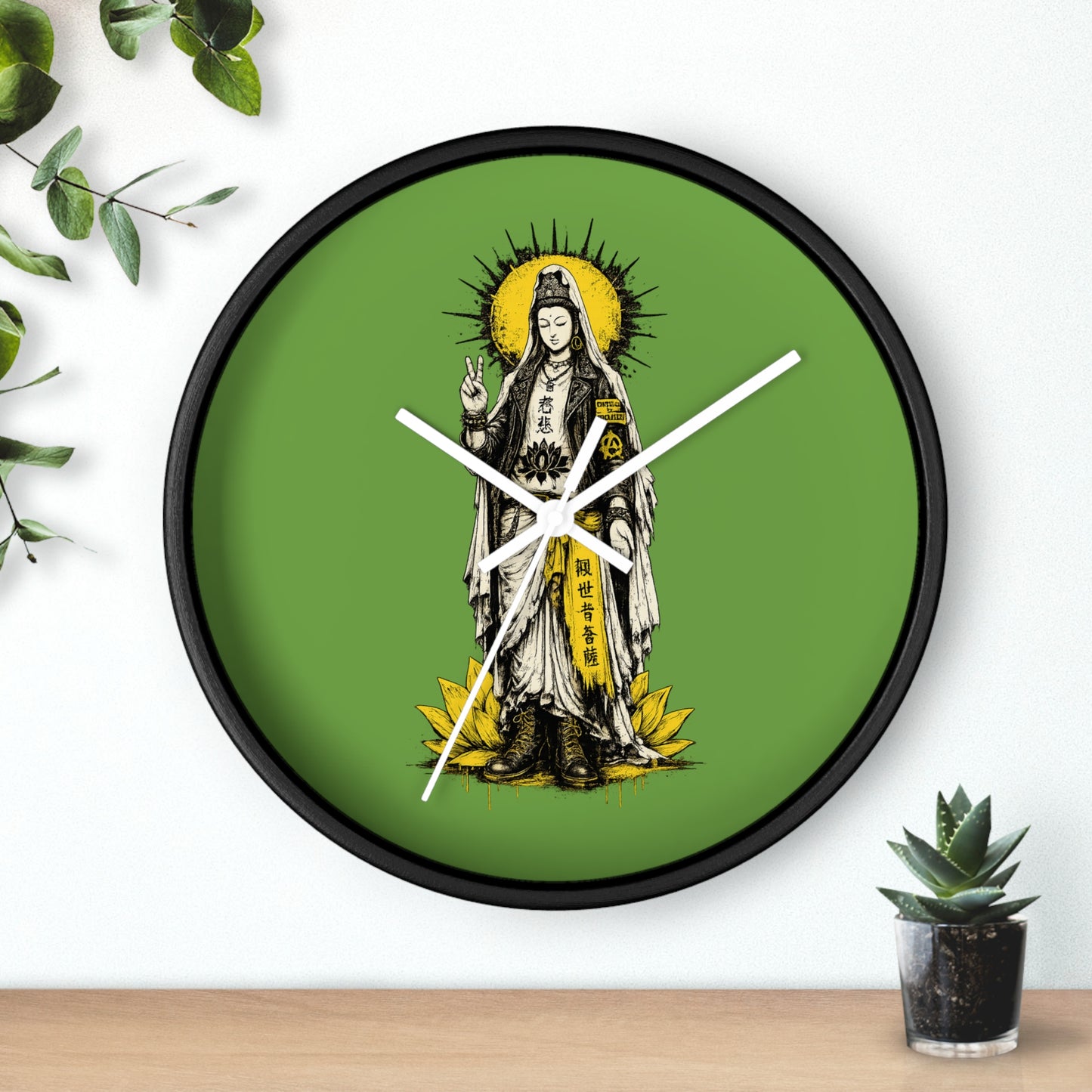 Kuan Yin Lotus Wall Clock — Green Zen Buddhist Decorative Clock
