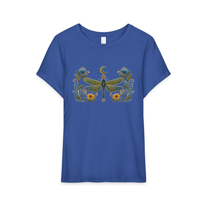 T-Shirt, Short Sleeve Wide Neck Relaxed Fit - Floral Dragonfly & Moon