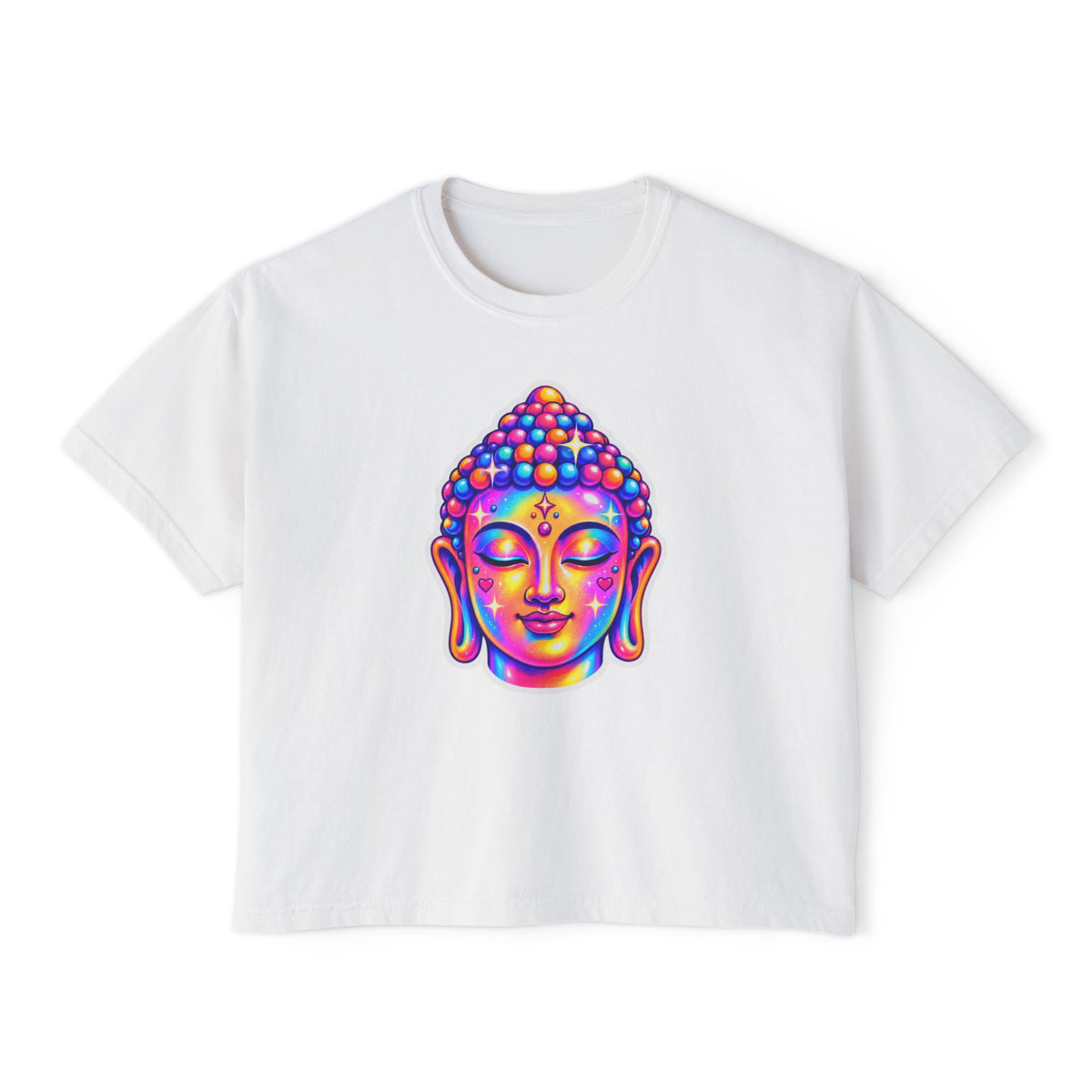 T-Shirt, Short Sleeve Boxy Crew Neck Cropped - 1980s Buddha Head