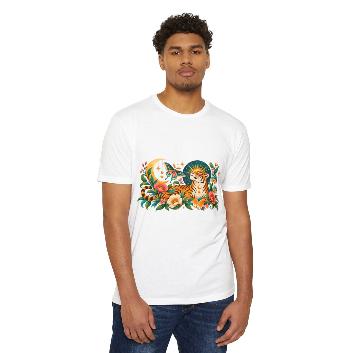 T-Shirt, Short Sleeve Boxy Crew Neck- Tiger Moon Celestial Floral