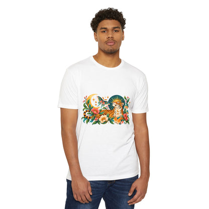 T-Shirt, Short Sleeve Boxy Crew Neck- Tiger Moon Celestial Floral