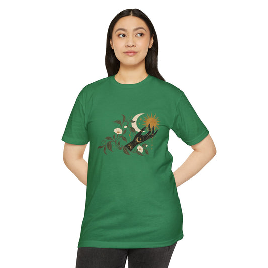 T-Shirt, Short Sleeve Boxy Crew Neck - Botanical Hand Reaching for the Sun
