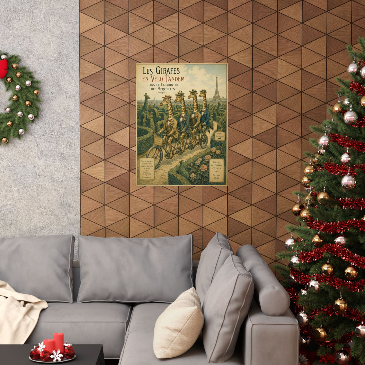 Poster, Art Print - Giraffes on Tandem Bicycles in a Maze