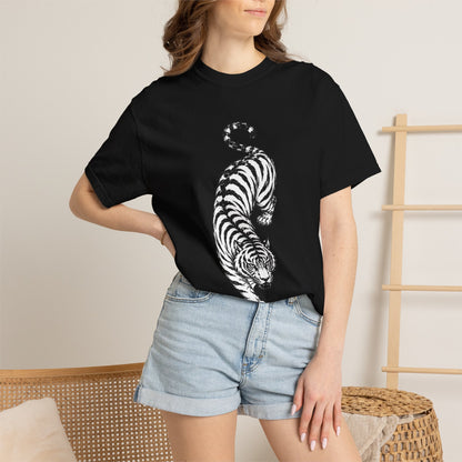 T-Shirt, Short Sleeve Boxy Crew Neck - Black & White Tiger
