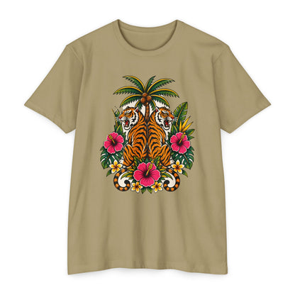 T-Shirt, Short Sleeve Boxy Crew Neck - Tiger Tiger Tropics Vintage Floral Palm