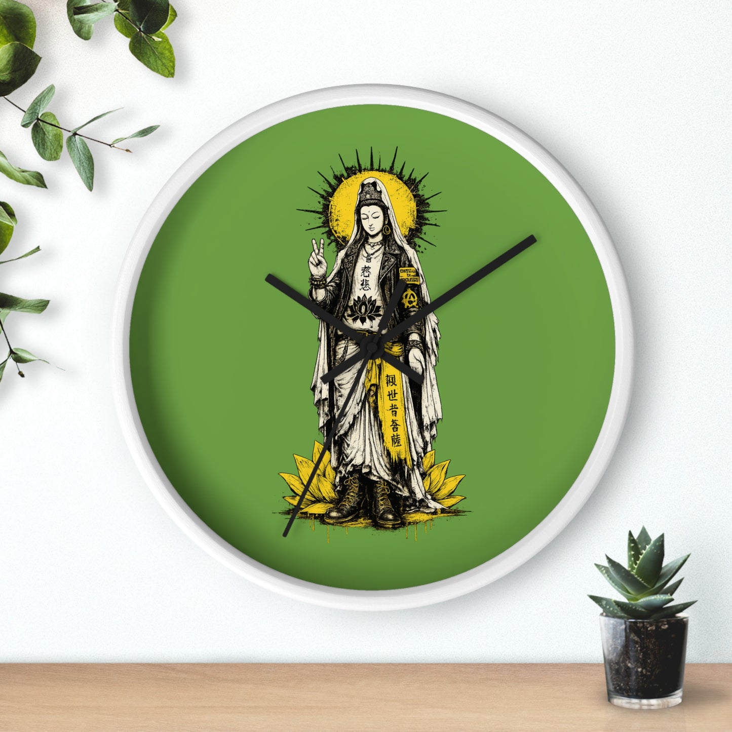 Kuan Yin Lotus Wall Clock — Green Zen Buddhist Decorative Clock