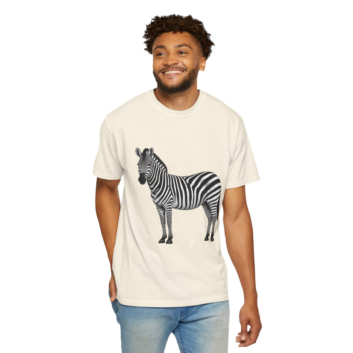 T-Shirt, Short Sleeve Boxy Crew Neck - Zebra Side View Standing