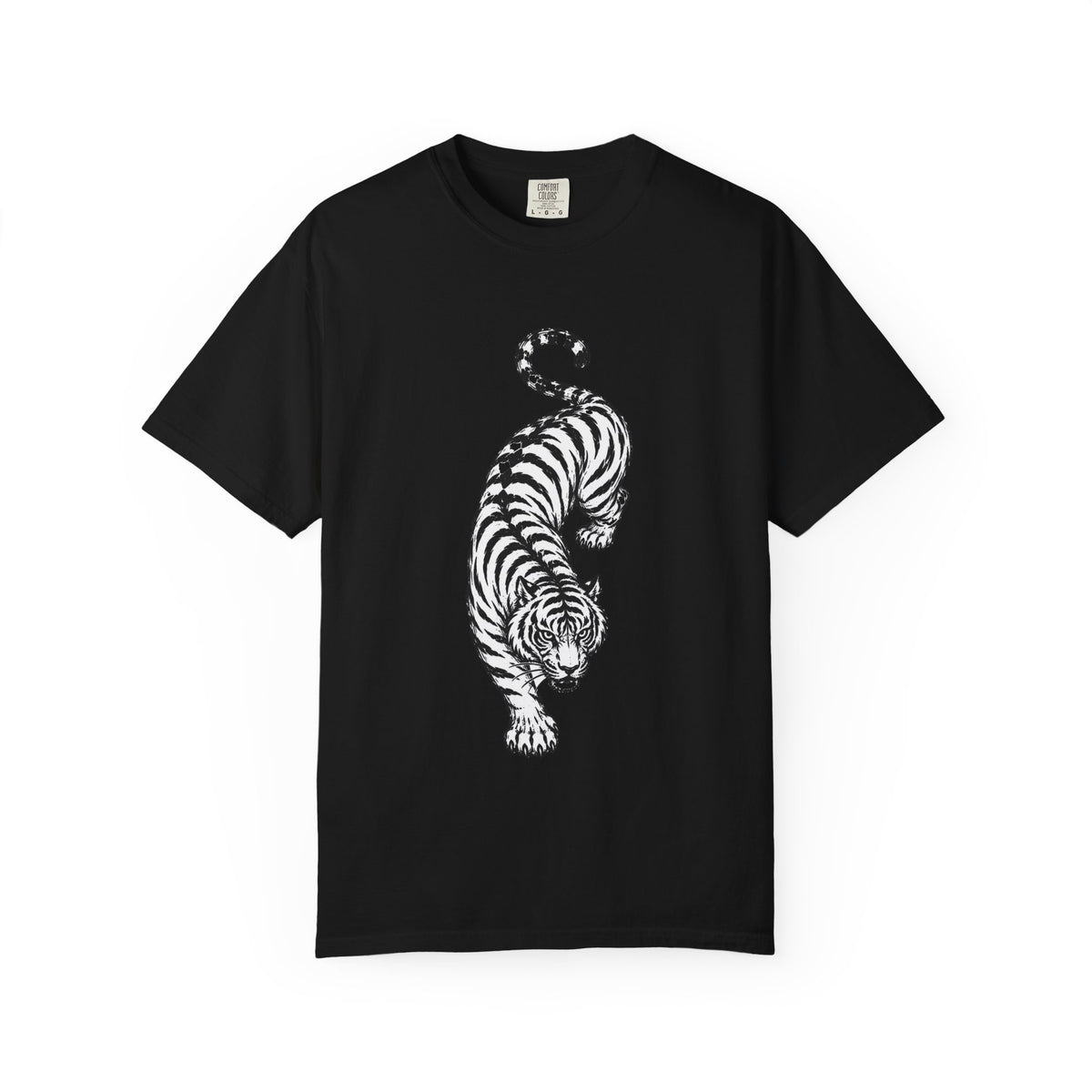 T-Shirt, Short Sleeve Boxy Crew Neck - Black & White Tiger