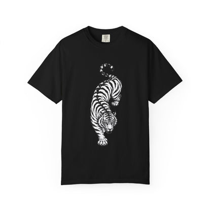 T-Shirt, Short Sleeve Boxy Crew Neck - Black & White Tiger