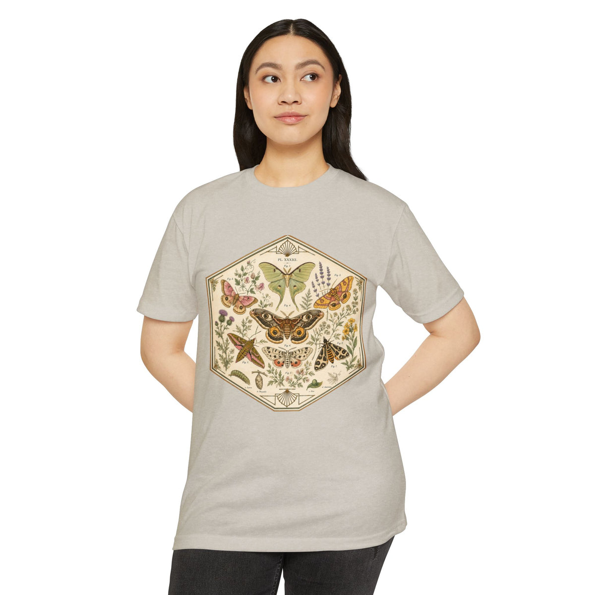T-Shirt, Short Sleeve Boxy Crew Neck - Moth & Botanicals Hexagon Vintage Nature Illustration
