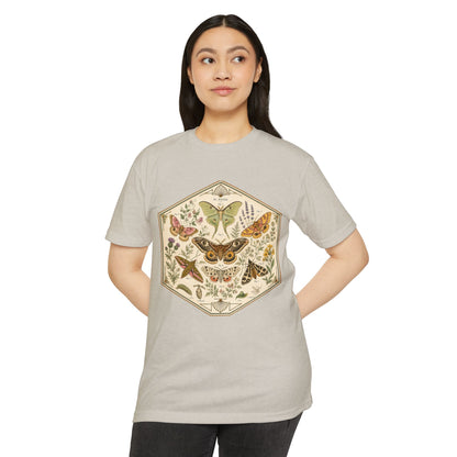 T-Shirt, Short Sleeve Boxy Crew Neck - Moth & Botanicals Hexagon Vintage Nature Illustration
