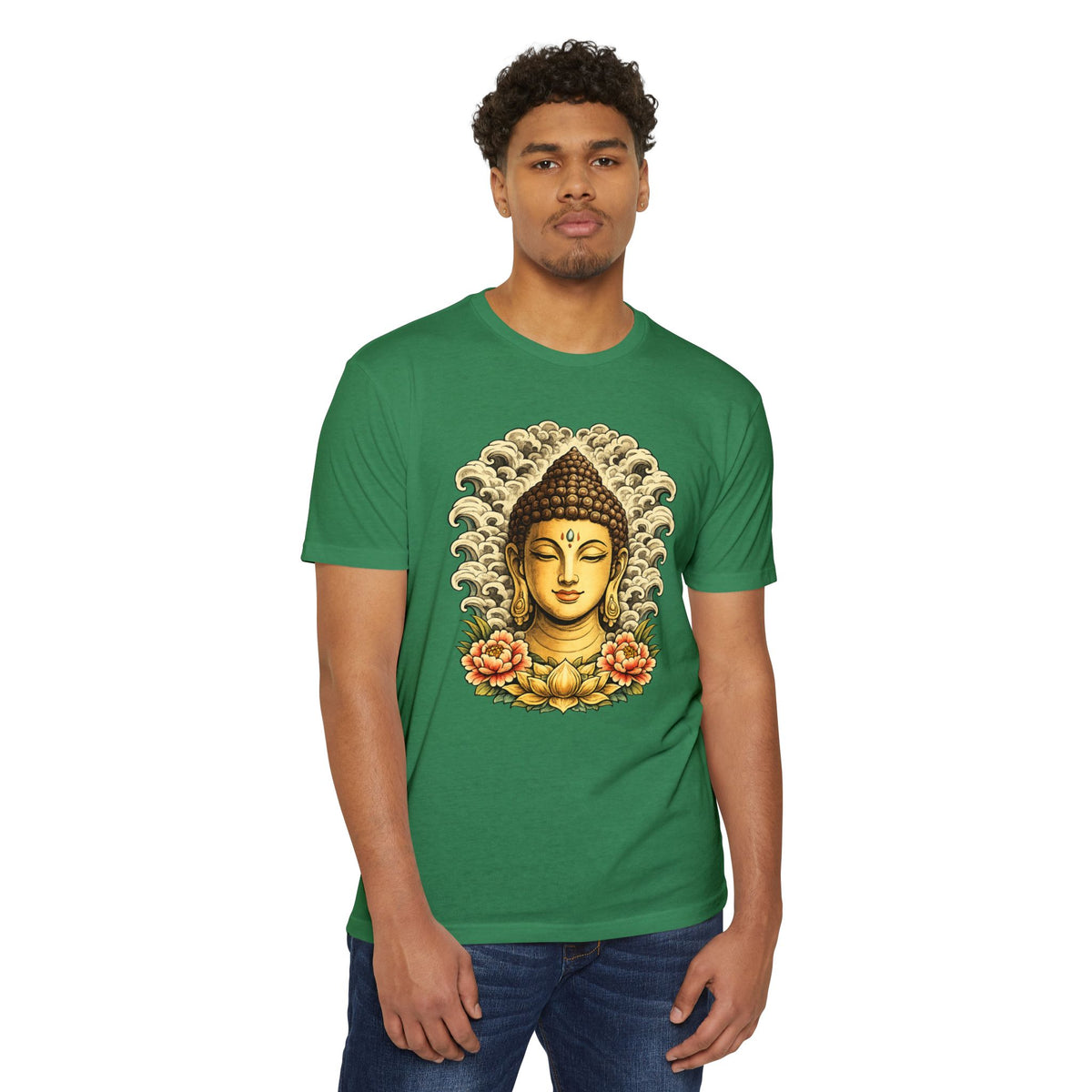 T-Shirt, Short Sleeve Boxy Crew Neck - Buddha Head Floral