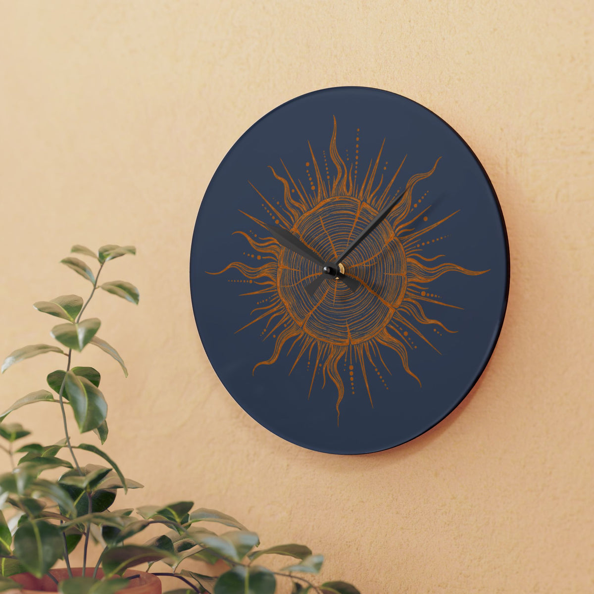 Clock , Wall Acrylic- Golden Boho Sunburst Tree Trunk