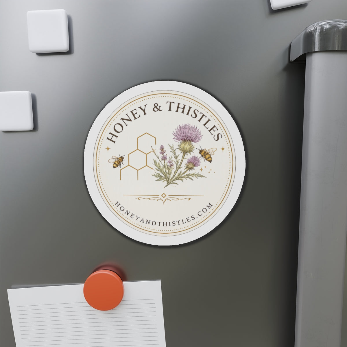 Honey & Thistles Round Die-Cut Magnet – Floral Bee Logo Refrigerator Magnet