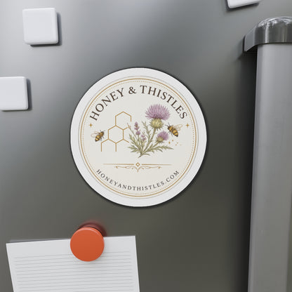 Honey & Thistles Round Die-Cut Magnet – Floral Bee Logo Refrigerator Magnet