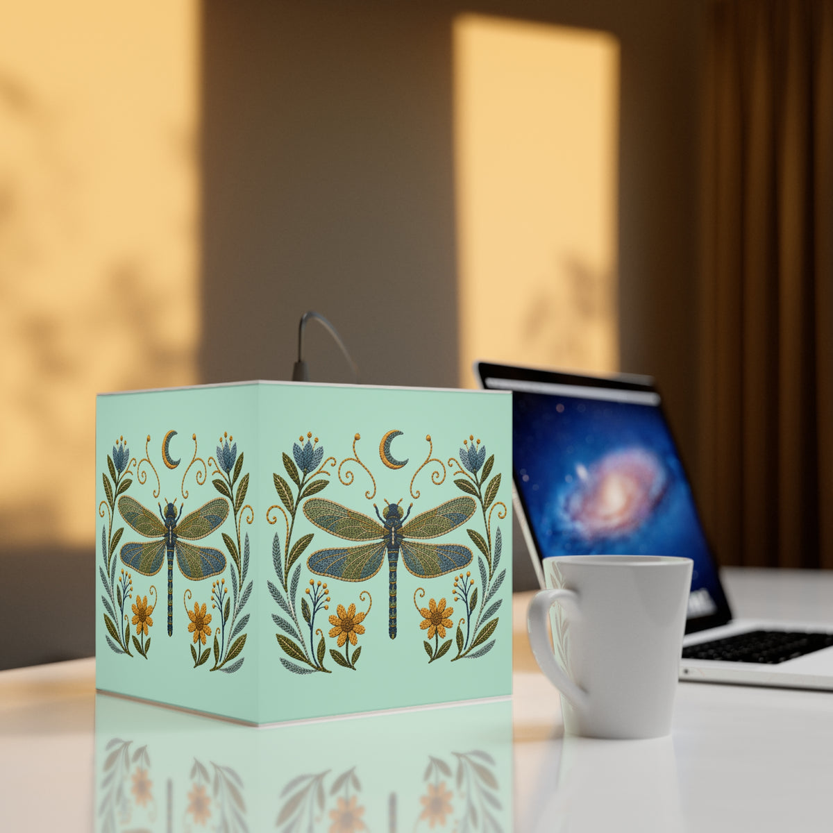 Cube Lamp, Decorative - Floral Dragonfly & Moon (light blue)