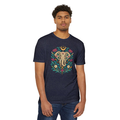 T-Shirt, Short Sleeve Boxy Crew Neck - Boho Indian-Inspired Elephant Floral