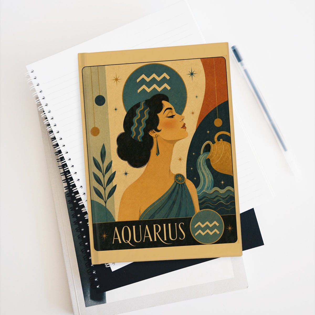 Journal Notebook, Hardcover Blank - Retro Aquarius Zodiac