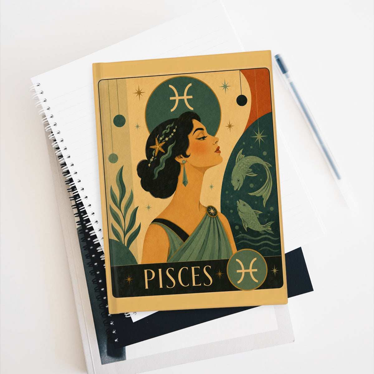 Journal Notebook, Hardcover Blank - Retro Pisces Zodiac