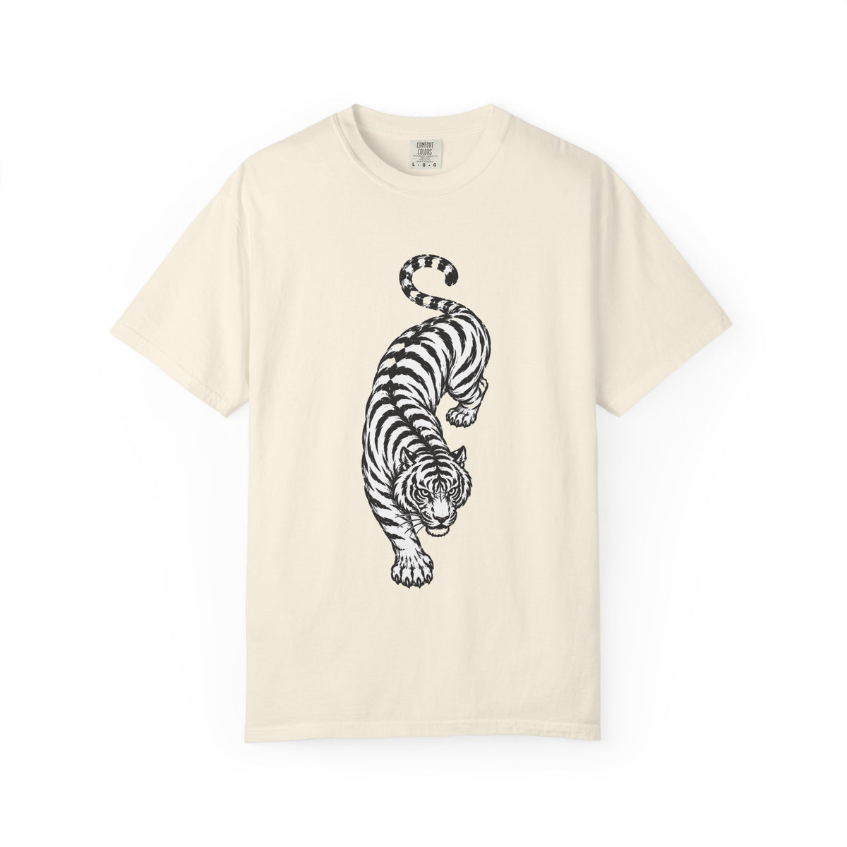 T-Shirt, Short Sleeve Boxy Crew Neck - Black & White Tiger