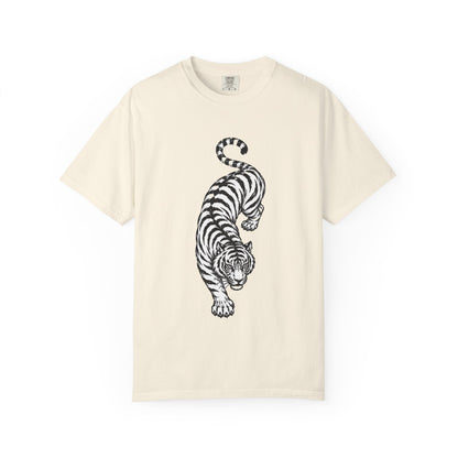 T-Shirt, Short Sleeve Boxy Crew Neck - Black & White Tiger