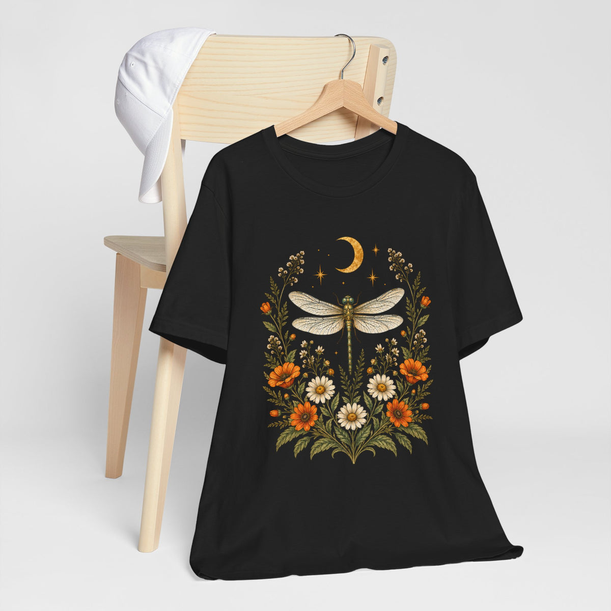 T-Shirt, Short Sleeve Boxy Crew Neck - Boho Dragonfly Moon