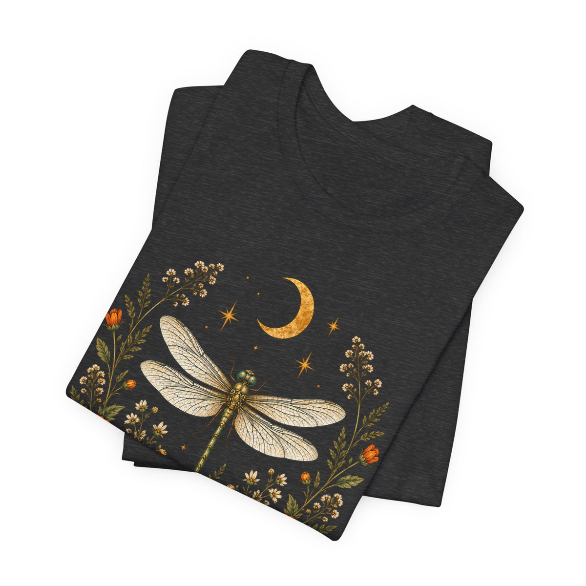 T-Shirt, Short Sleeve Boxy Crew Neck - Boho Dragonfly Moon