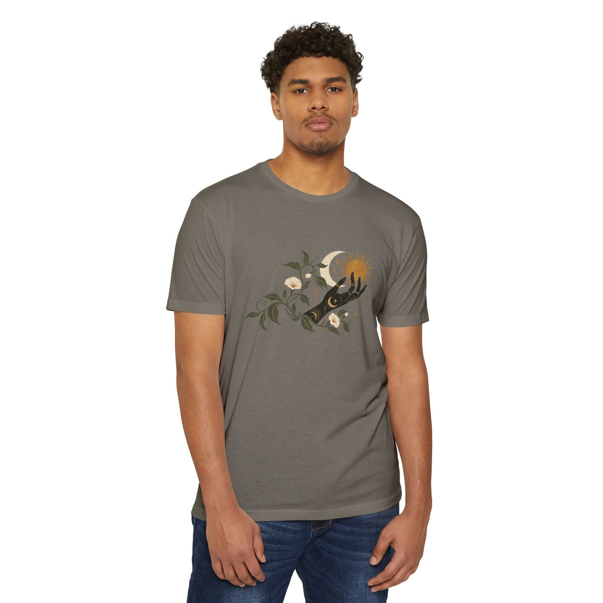 T-Shirt, Short Sleeve Boxy Crew Neck - Botanical Hand Reaching for the Sun