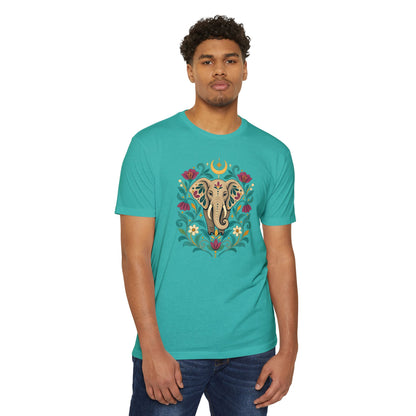 T-Shirt, Short Sleeve Boxy Crew Neck - Boho Indian-Inspired Elephant Floral