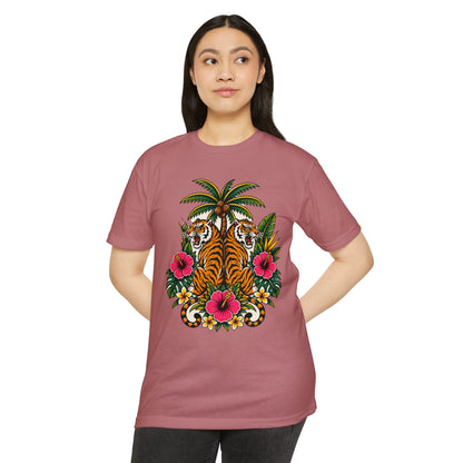 T-Shirt, Short Sleeve Boxy Crew Neck - Tiger Tiger Tropics Vintage Floral Palm