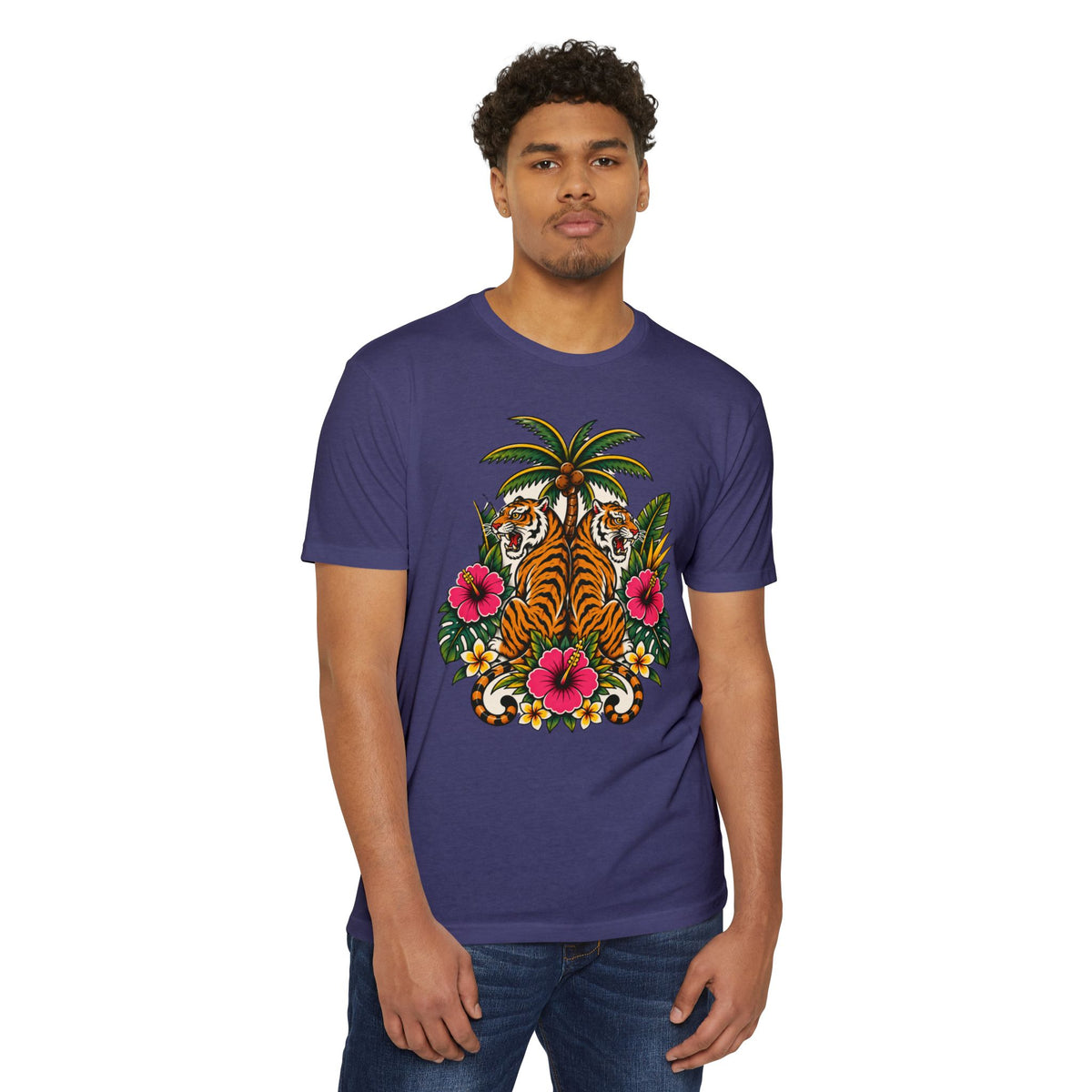 T-Shirt, Short Sleeve Boxy Crew Neck - Tiger Tiger Tropics Vintage Floral Palm