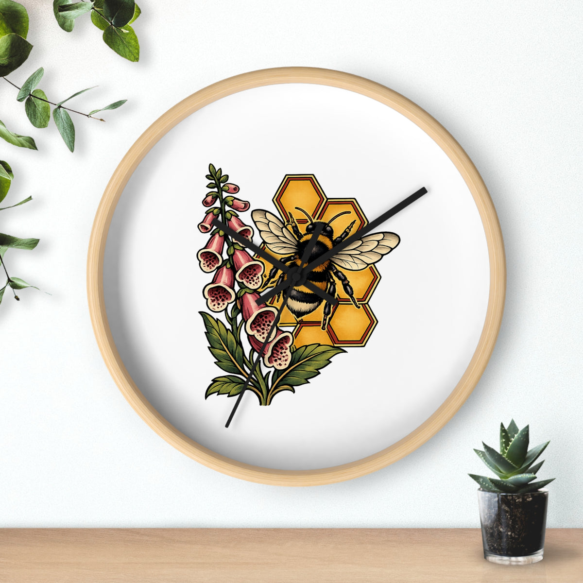 Clock, Wall Acrylic - Bee, Honeycomb & Foxglove