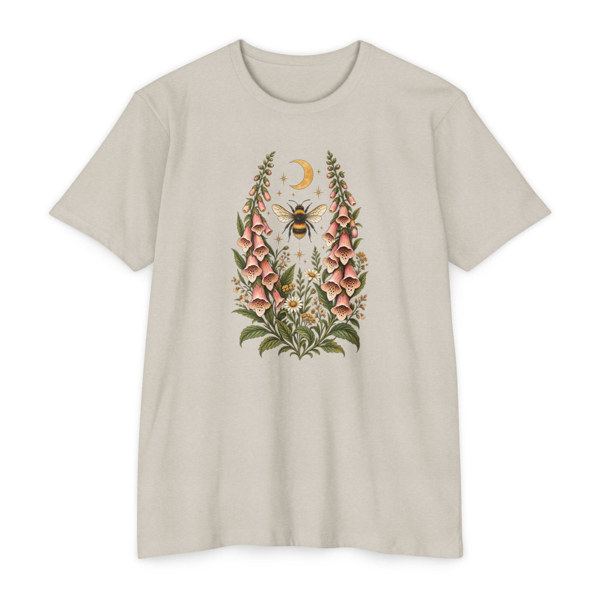 T-Shirt, Short Sleeve Boxy Crew Neck - Bee & Foxglove Vintage Floral Moon