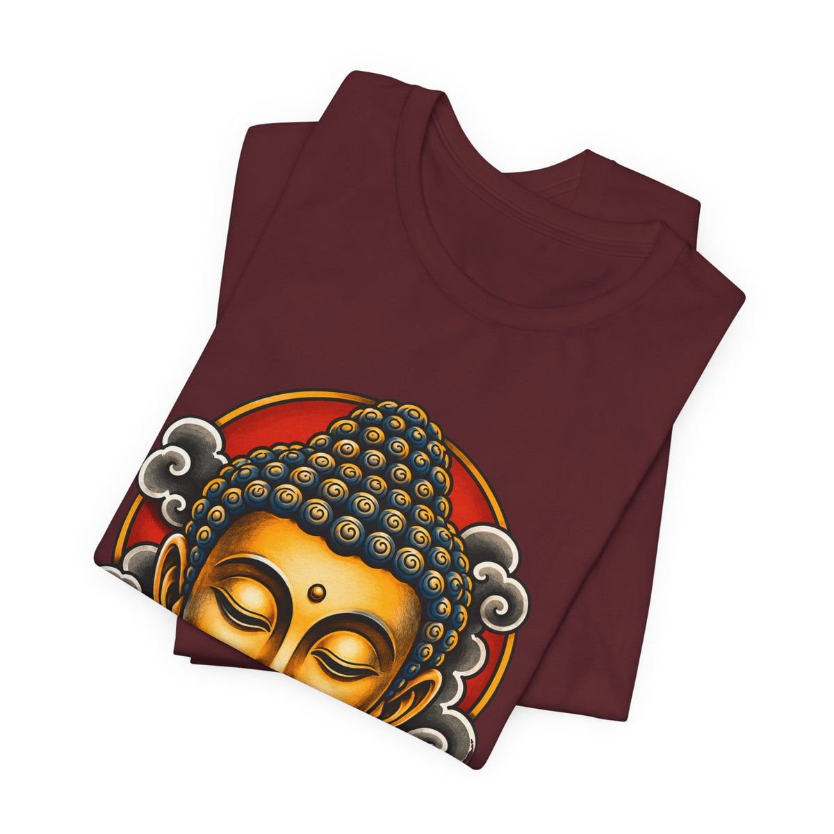 T‑Shirt, Short Sleeve Boxy Crew Neck - Golden Buddha Head with Lotus