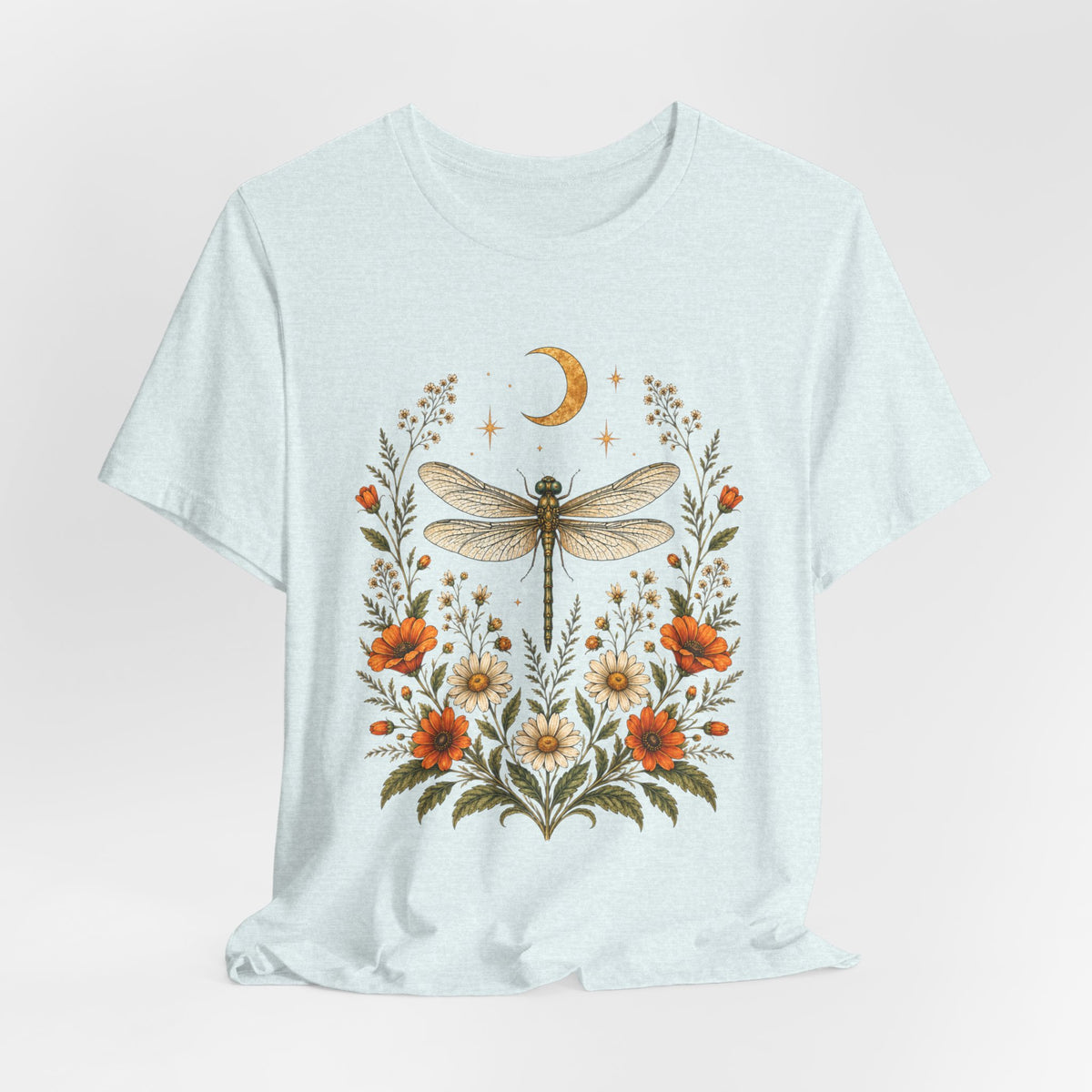T-Shirt, Short Sleeve Boxy Crew Neck - Boho Dragonfly Moon
