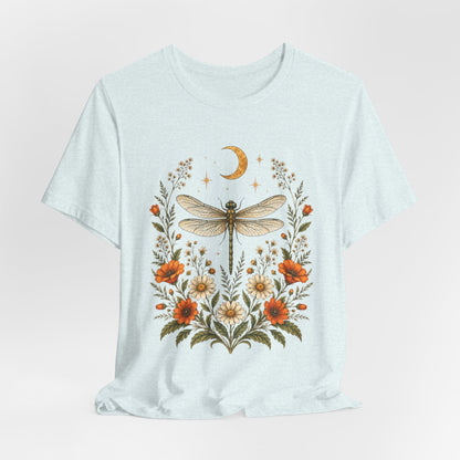 T-Shirt, Short Sleeve Boxy Crew Neck - Boho Dragonfly Moon