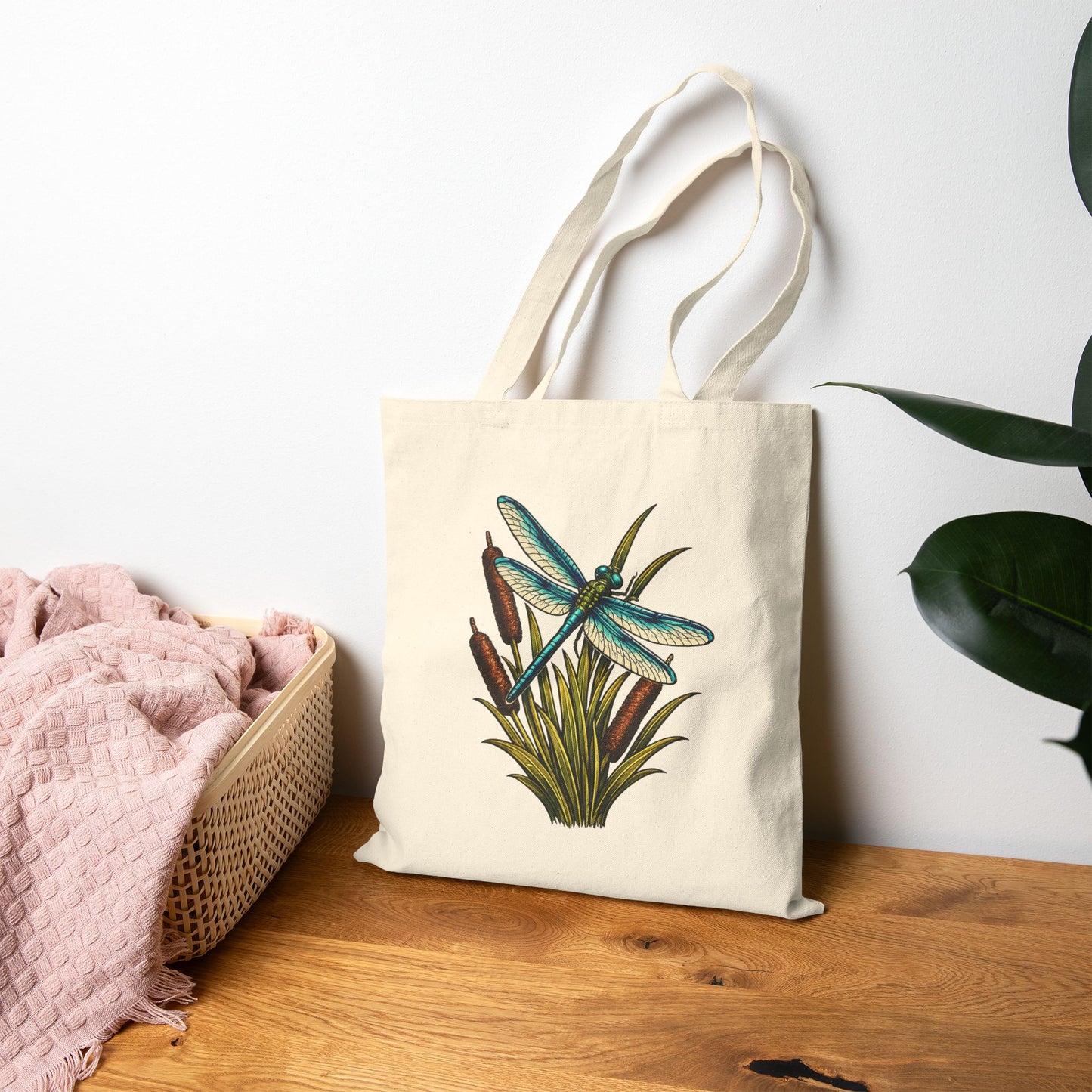 Dragonfly & Cat Tail Canvas Tote Bag