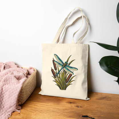 Dragonfly & Cat Tail Canvas Tote Bag