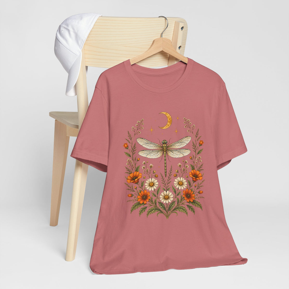 T-Shirt, Short Sleeve Boxy Crew Neck - Boho Dragonfly Moon