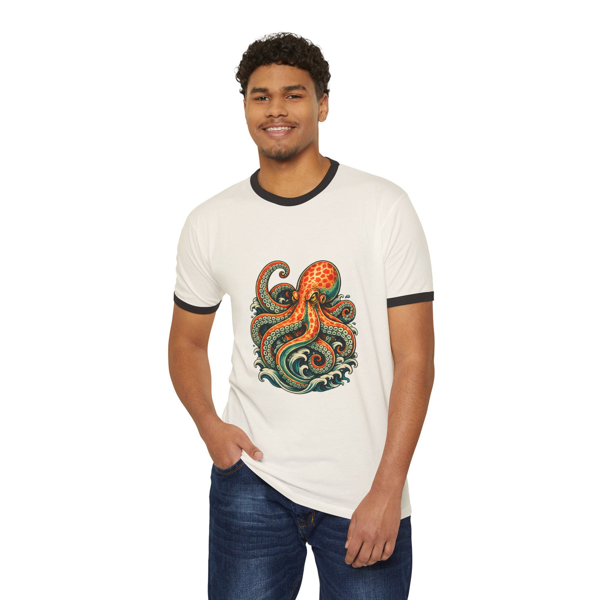 T-Shirt, Ringer - Octopus Ocean Waves