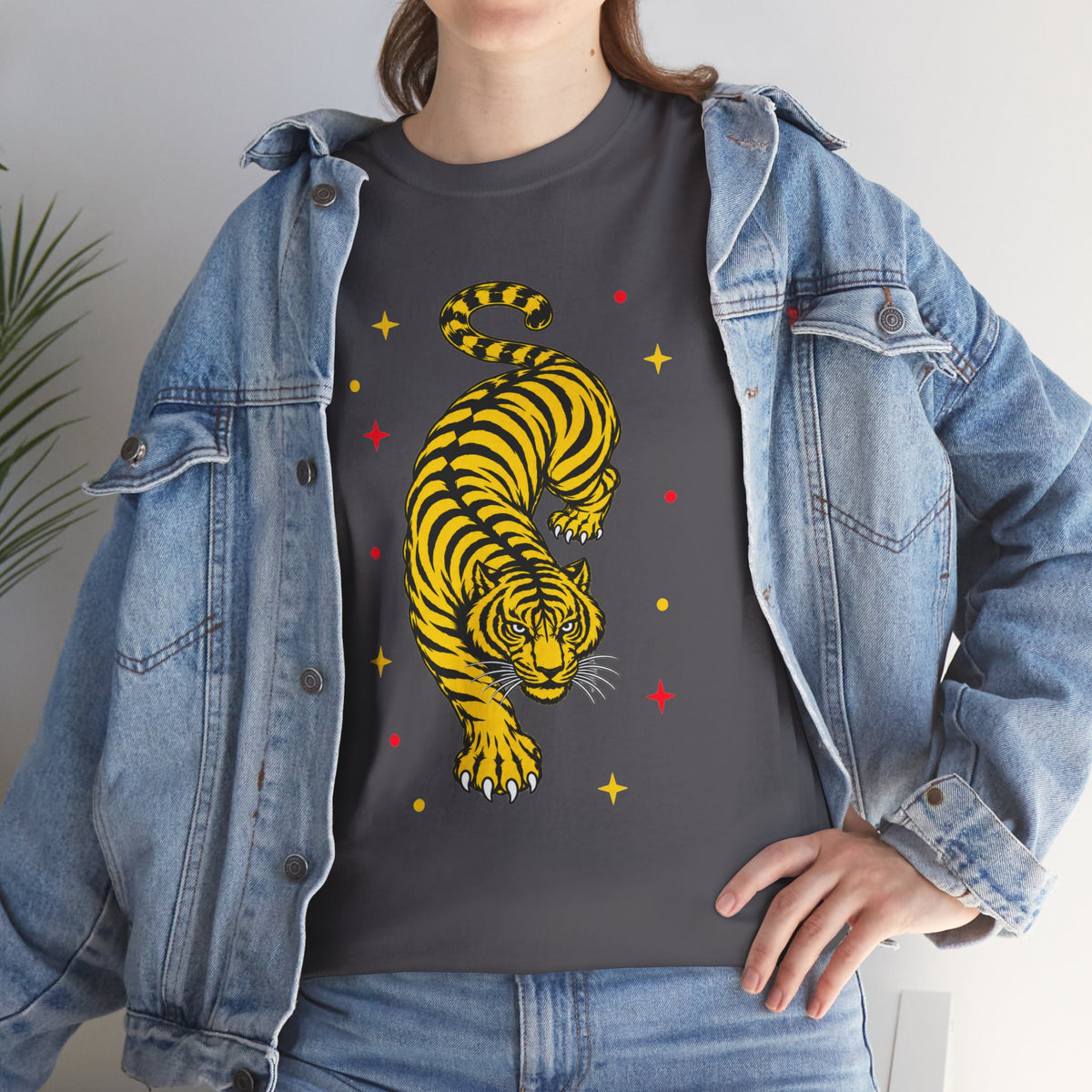 T-Shirt, Short Sleeve Boxy Crewneck - Yellow Tiger