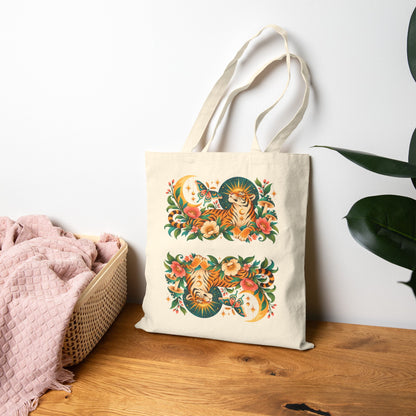 Tote, Canvas bag - Tiger Moon Celestial Floral