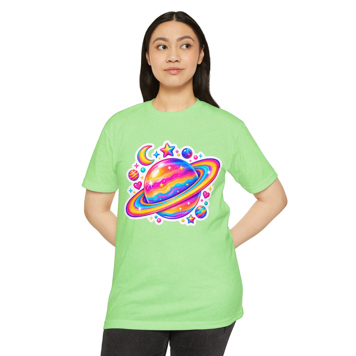 T‑Shirt, Short Sleeve Boxy Crew Neck - Rainbow Planet Cosmic Space