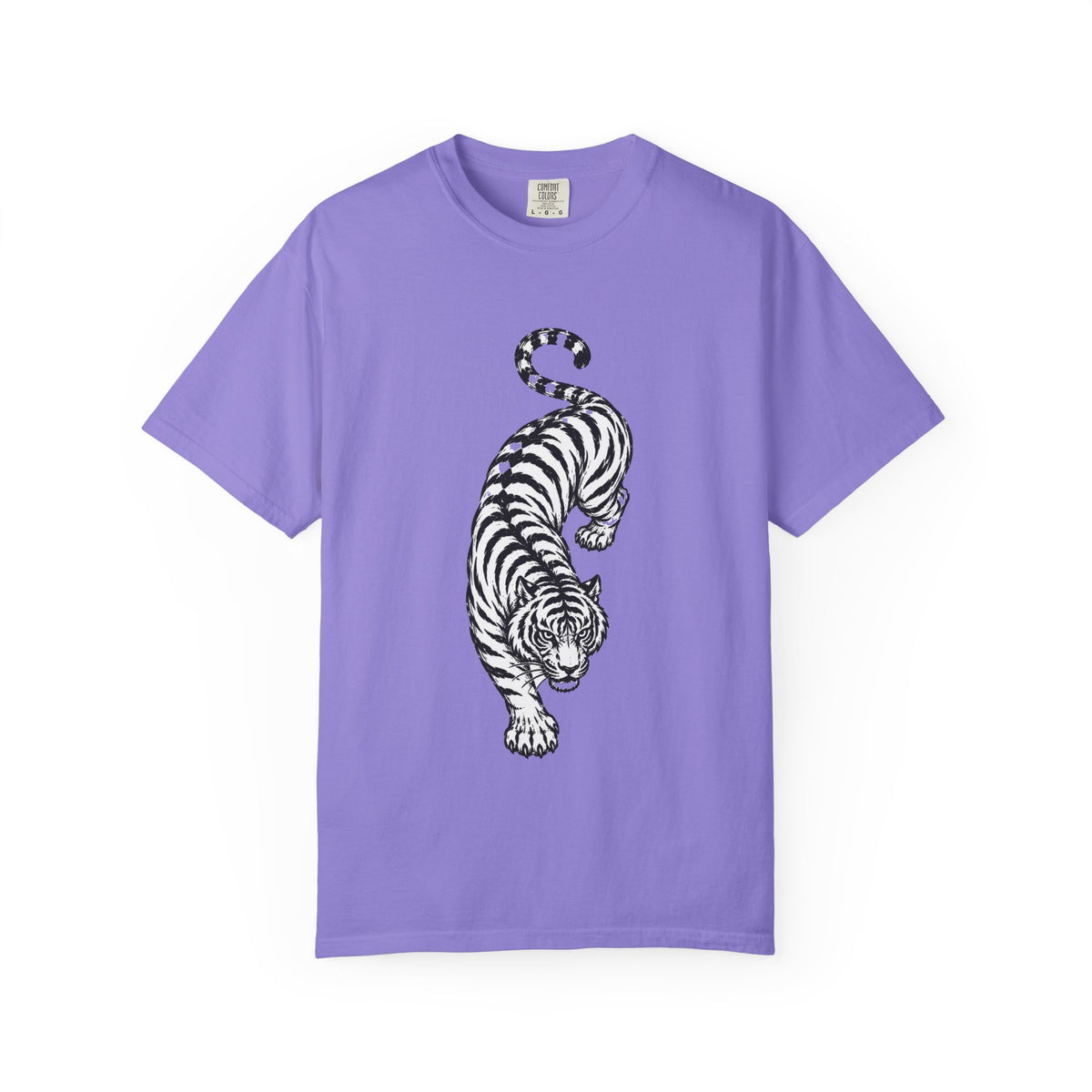 T-Shirt, Short Sleeve Boxy Crew Neck - Black & White Tiger
