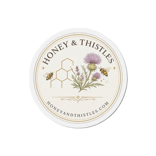 Honey & Thistles Round Die-Cut Magnet – Floral Bee Logo Refrigerator Magnet